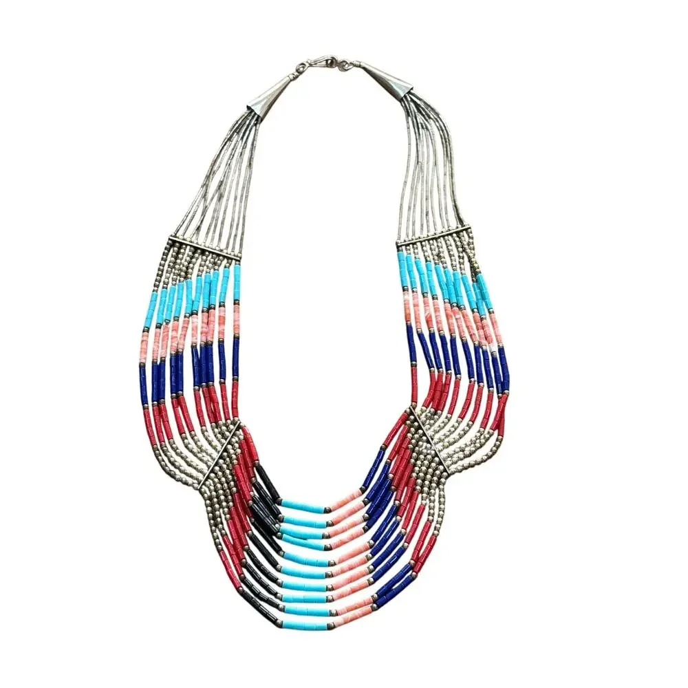 Sterling Silver beaded multistrand bib necklace southwestern gemstones signed